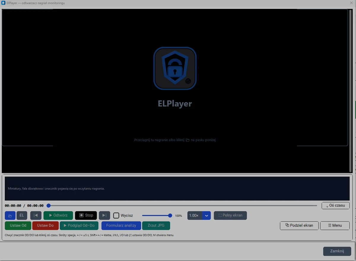 ElPlayer — okno odtwarzacza z osią czasu, znacznikami Od–Do i panelem narzędzi