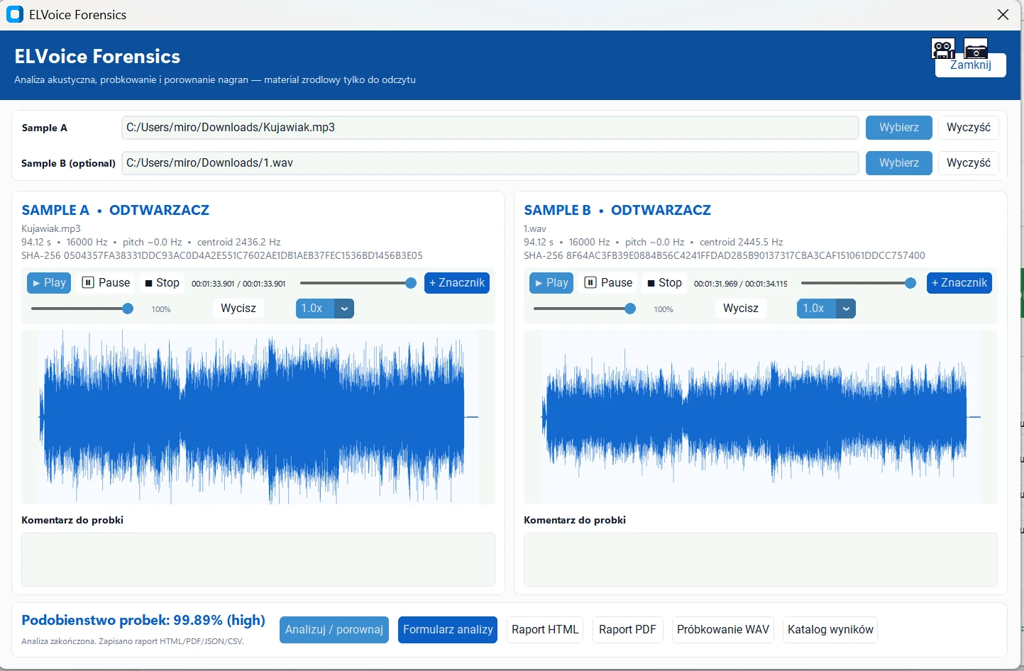 ELVoice Forensics — okno analizy próbki głosowej z przebiegiem fali i spektrogramem